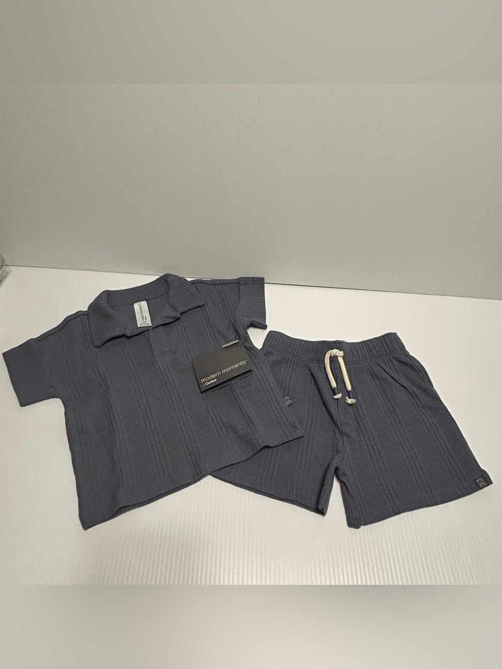 12M Gerber 2pc Boys Outfit Set Polo Shorts Blue Waffle Cotton Modern Moments NWT